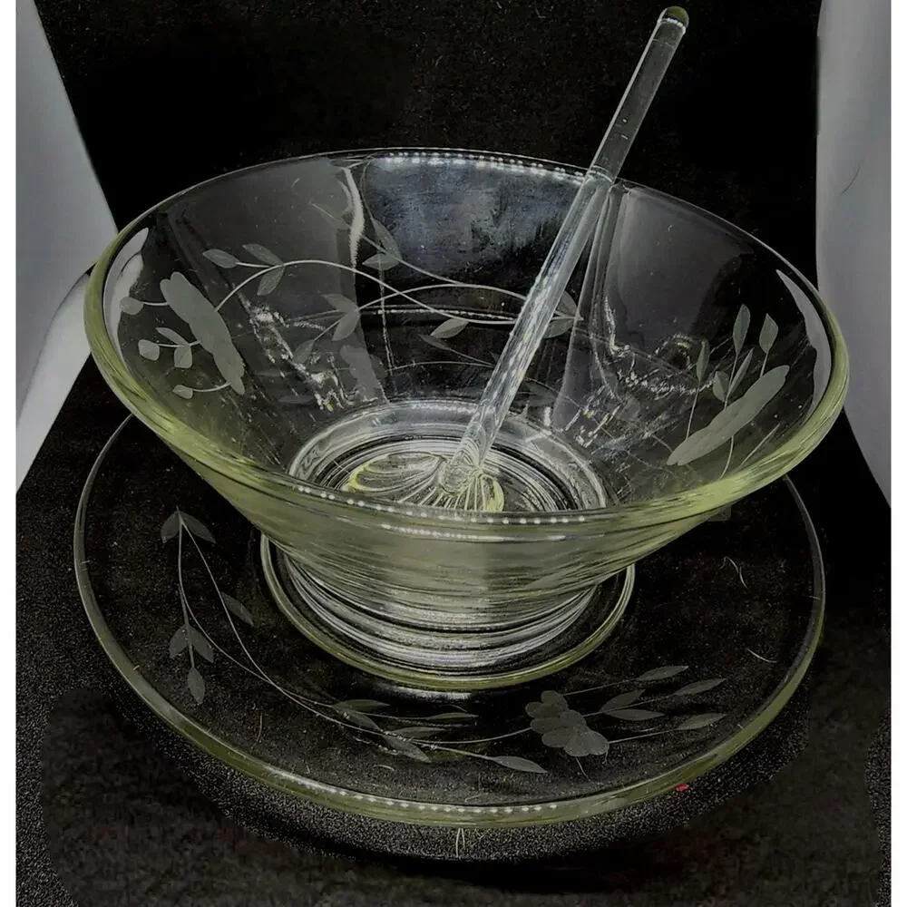 Vtg Princess House Crystal Etched Condiment Bowl plate Scalloped Spoon New w Box